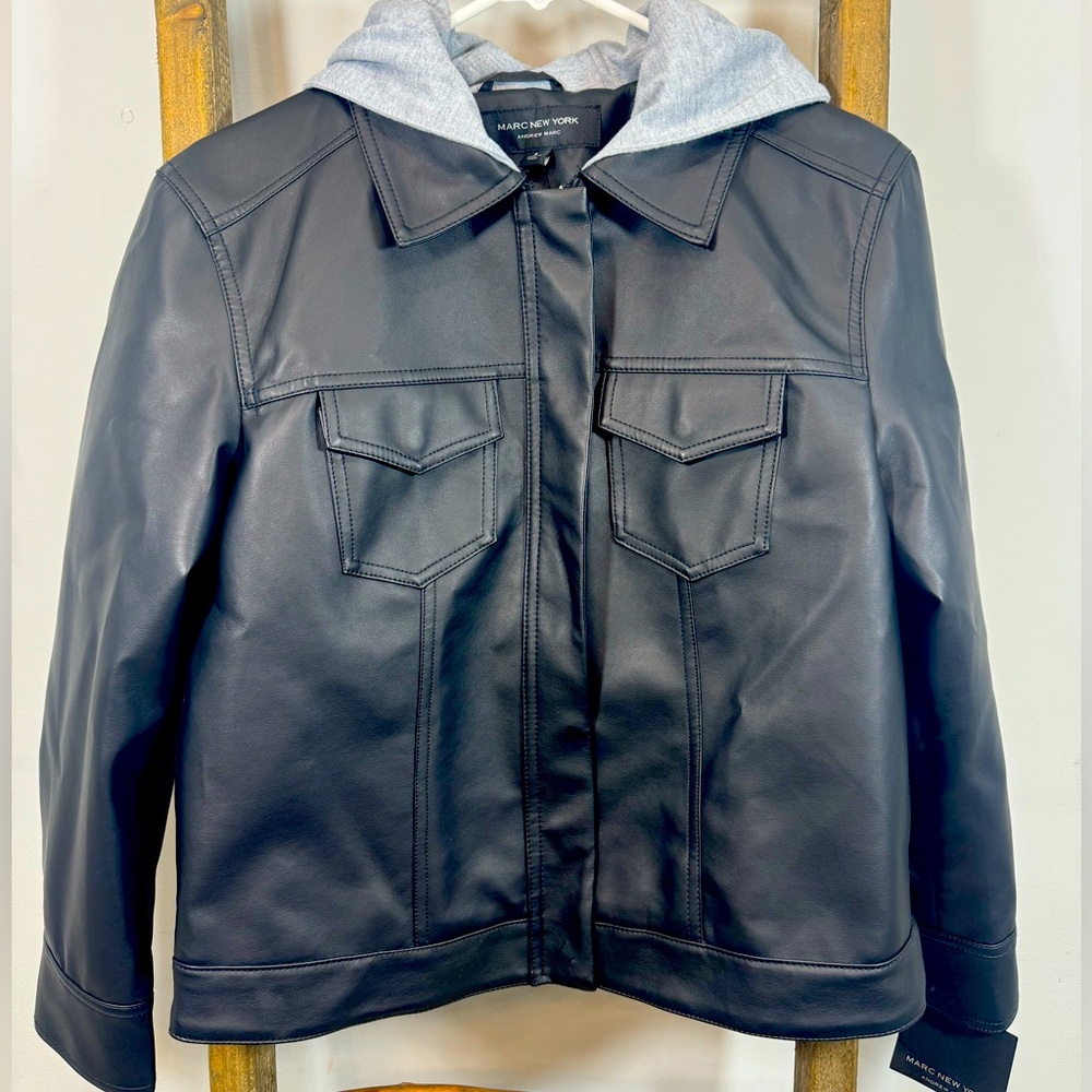 **NWT** WOMENS MARC NEW YORK BLACK HOODED FAUX LEATHER MOTO JACKET  - S